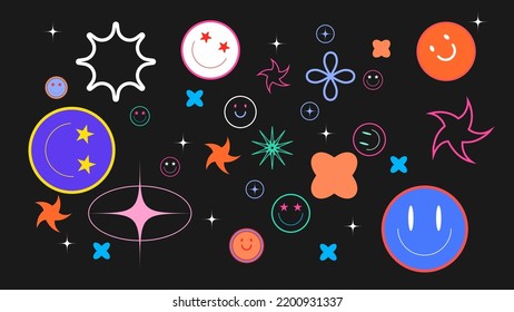 Set of various funny stickers, patches, pins. Collection of icons - mushroom, butterfly, flowers, flame. Hand drawn trendy Vector illustration. Cartoon style. All elements are isolated. Vector