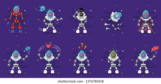 Set of various futuristic robots activity in various suits vector illustration. Robot innovation technology science emotions of famous personalities.