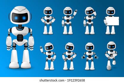 Set of various futuristic robots activity. Artificial inteligence and cyborg. Isolated vector illustration in realistic style