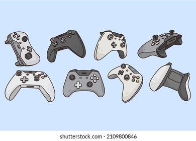 Set of various game controllers. Collection of old and modern gamepads for computer video gaming. Playing console and PC internet applications. Devices and gadgets. Flat vector illustration. 