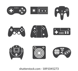 Set of various gamepads, consoles, joysticks and playing devices. Black icons of computer gadgets and digital controllers for video games. Vector isolated illustrations