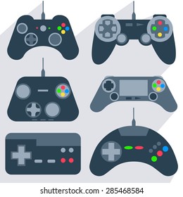 Set of various gamepads, joysticks of different generations, with bright buttons into flat style. Vector Illustration