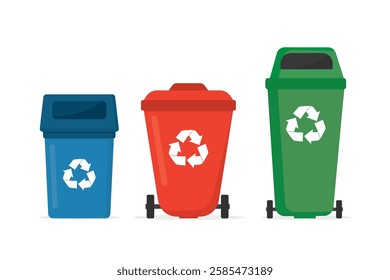 Set of various garbage cans isolated on white background. Colorful plastic trash bins for recycling and sort waste. Separation and recycle trash. Refuse collection, reclamation. vector illustration