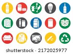Set of various garbage. Recycling vector icons. Sorting Garbage. Fill icon signs of trash types for recycle in color circle on white background
