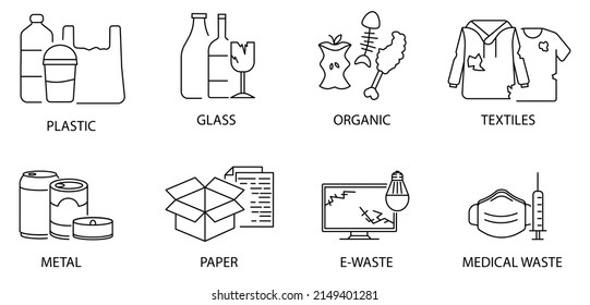 Set of various garbage. Recycling vector icons. Sorting Garbage