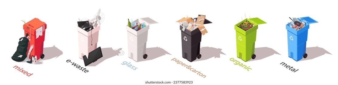 Set of various garbage and rubbish bin designed for recycling. Collection of mixed, e-waste, paper and carton, organic, metal trash sorting. Isolated on white background. Isometric vector illustration