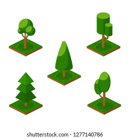 Set of various garden 3D trees from a city park. Collection of green forest natural plants environment and landscape design. Map elements, with trees, grass, earth. Isometric vector, city constructor.