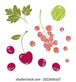 Set of various garden berries. Colorful paper cut collection of fruits and berries isolated on white background. Doodle hand drawn fruits. Vector illustration
