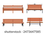 Set of various garden and city benches. Wooden and wicker benches, elements for landscape locations. Vector illustration in flat style
