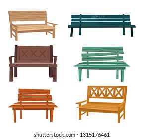 Set of various garden and city benches and chairs.Wooden and wicker benches, elements for landscape locations.