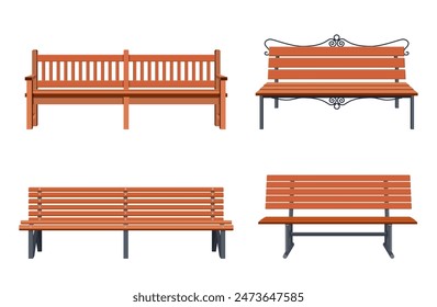 Set of various garden and city benches. Wooden and wicker benches, elements for landscape locations. Vector illustration in flat style