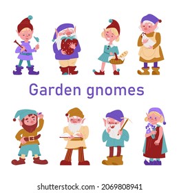 Set of various garden gnomes. A family of gnomes. Vector illustration in flat style.