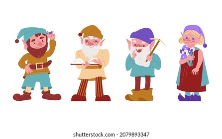 Set of various garden gnomes. A family of gnomes. Vector illustration in flat style.