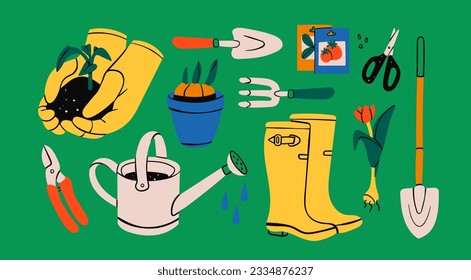 Set of various garden items. Gardening Tools. Gloves with seedling, flower pot, tulip, shears, scissors, shovel, rubber boots, watering can, seeds. Hand drawn Vector illustration. Horticulture concept