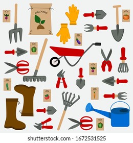 A set of various garden items. Garden tools: shovel, rake, wheelbarrow, gloves, scissors, boots, watering can pitchfork . Flat design illustration of gardening items. Vector illustration.