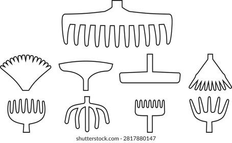 Set of various garden rake heads silhouettes with gardening agriculture equipment silhouette collection maintenance landscaping instrument illustration yardwork groundskeeping cultivator