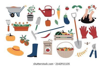 Set of various garden tools and plants. Vector illustration of gardening elements: spade, pitchfork, wheelbarrow, plants, watering can, grass, garden gloves, cart and potted flowers.