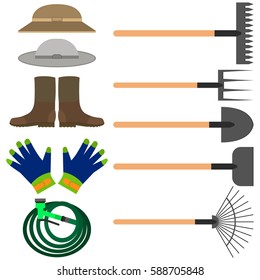 Set of various gardening and farm tools including gloves, watering hose, rake and shovels. Vector illustrations.