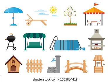 Set of various gardening items. Courtyard around the house. Flat design illustration of Yard and Garden items. Leisure lifestyle.