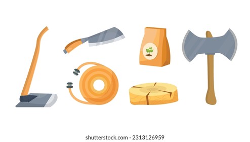 Set of various gardening items. Flat design illustration of items for farming. Axe, Rubber tapping knife, Fertilizer, Watering hose, Timber, Double-edged axe.