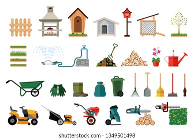 Set of various gardening items.
Garden tools. Flat design illustration of items for gardening. Vector illustration.
