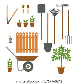 Set of various gardening items. Garden tools. Flat design illustration of items for gardening. Vector illustration.