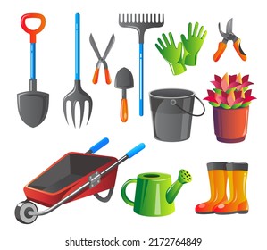 Set of various gardening items. Garden tools. Flat design illustration of items for gardening. Vector illustration. 