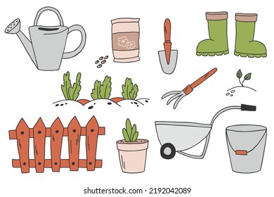 Set of various gardening items garden tools vector illustration of handdrawn gardening elements.