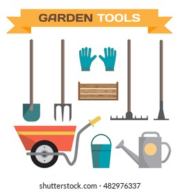 Set of various gardening items. Garden tools. Flat design illustration of items for agricultural work. Vector illustration.