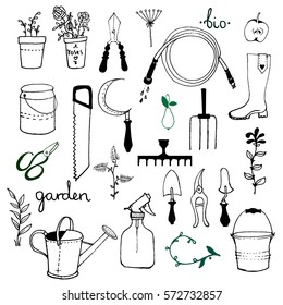 Set of various gardening items. Garden tools.Hand drawn illustration of items for gardening. 
