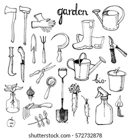 Set of various gardening items. Garden tools.Hand drawn illustration of items for gardening. 