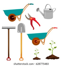 Set of various gardening items. Garden tools.