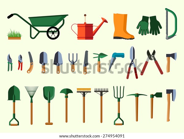 Set of\
various gardening items. Garden tools. Flat design illustration of\
items for gardening. Vector illustration.\
