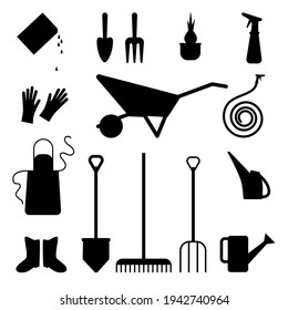 Set of various gardening items. Gardening icon. Watering can, apron, shovel, wheelbarrow, dig, gloves, boots, rake, watering hose. Vector illustration.