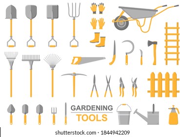 Set of various gardening items. Gardening tools of farming or farmer garden household. Shovel, pitchfork, saw, axe, gloves, boots. Vector illustration in cartoon style isolated on white background.