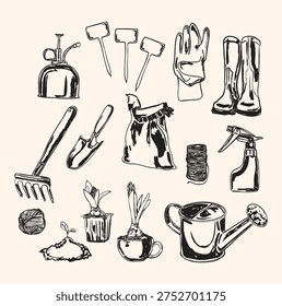 Set of various gardening tools with flower sprouts including rake, fork, pruning shears, trowel, cultivator and hoe. Garden equipment with young plants used for planting, soil preparation and spring gardening.