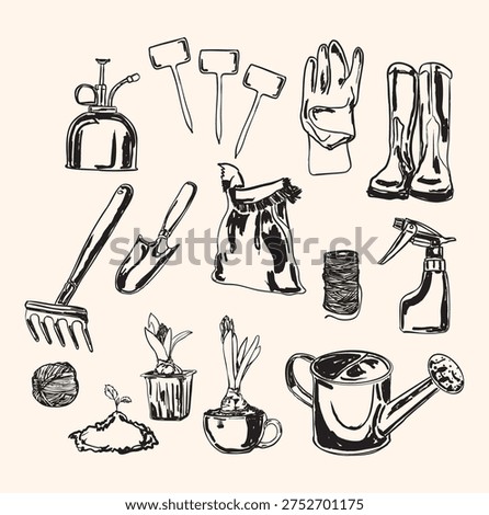 Set of various gardening tools with flower sprouts including rake, fork, pruning shears, trowel, cultivator and hoe. Garden equipment with young plants used for planting, soil preparation and spring gardening.