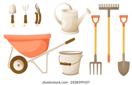 Set of various gardening tools and garden supplies. Garden cart, bucket, watering can, shovel and rake, pruning shears. Farm set. Vector illustration on a white background.