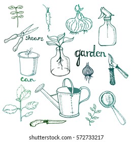 Set of various gardening tools, hand drawn. 