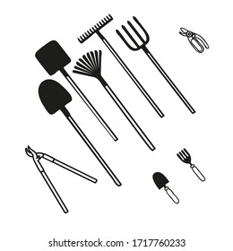 Set of various gardening tools trowel, tree secateurs, pitchfork, rake for  soil cultivating. Vector illustration of items for  farming in doodle style