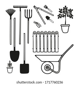 Set of various gardening tools trowel, tree secateurs, pitchfork, rake for  soil cultivating. Vector illustration of items for  farming in doodle style