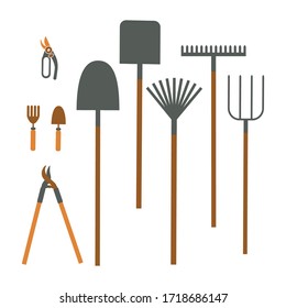 Set of various gardening tools trowel, tree secateurs, pitchfork, rake for soil cultivating. Vector illustration of items for farming in flat style