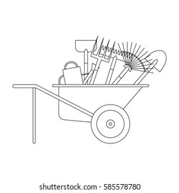 Set of various gardening tools in a wheelbarrow. Items for gardening and farming. Set of farm tools. Garden instruments collection. Farming equipment. Vector outline transparent illustration.
