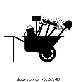 Set of various gardening tools in a wheelbarrow. Items for gardening and farming. Set of farm tools. Garden instruments collection. Farming equipment. Vector illustration.
