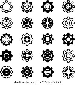 Conjunto de varios iconos de engranajes en diferentes estilos y diseños en blanco