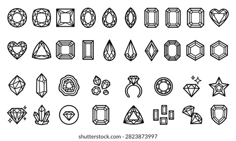 A set of various gemstone cuts and shapes presented as line art icons.