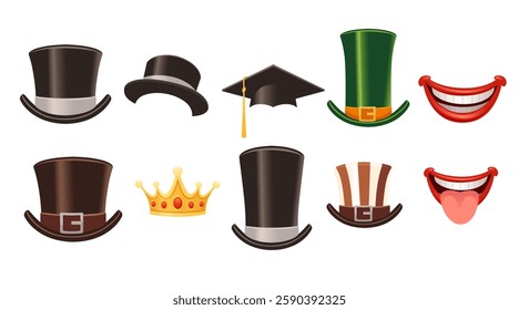 Set of various gentleman accessories like top hats, monocles, mustaches, and bow ties. Classic and vintage style. Vector illustration isolated on white background.