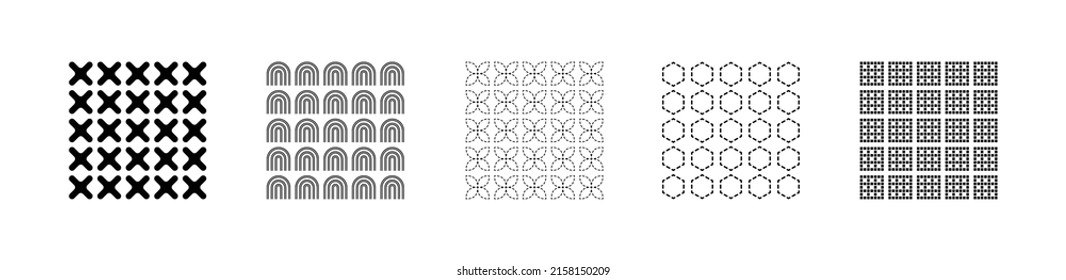 Conjunto de varias formas geométricas en blanco y negro sobre un fondo blanco. Grupos cuadrados de patrones de formas simples para la decoración de diseño. Cruces, pétalos, arcos, hexágono con puntos. Pasos vectores.
