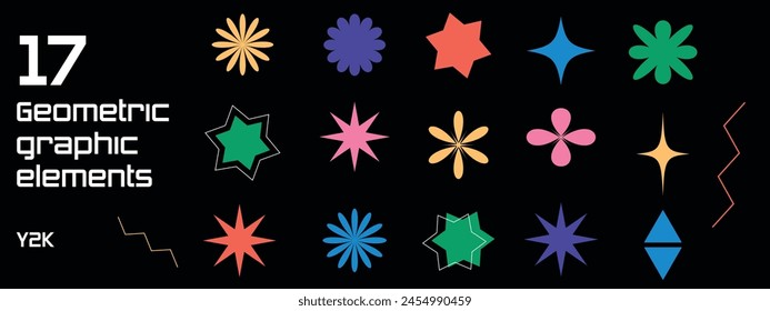 Set with various geometric elements in Y2K style. Trendy geometric shapes. Vector simple shapes, symbols.