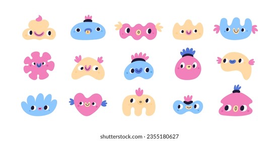 Conjunto de varias figuras geométricas y diferentes formas con emociones faciales. Dibujo a mano de ilustración de moda para niños en educación.  Caracteres graciosos lindo conjunto de vectores de mascota aislado fondo blanco